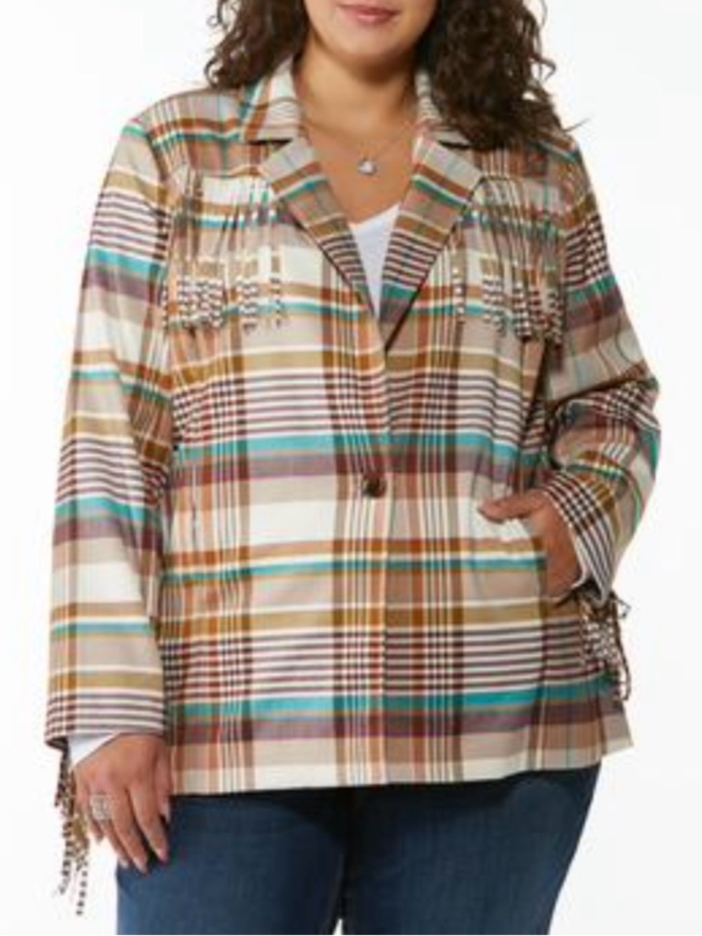 Cato Plaid western Fringe Blazer in Tan, Brown and Teal 18/20W NWT